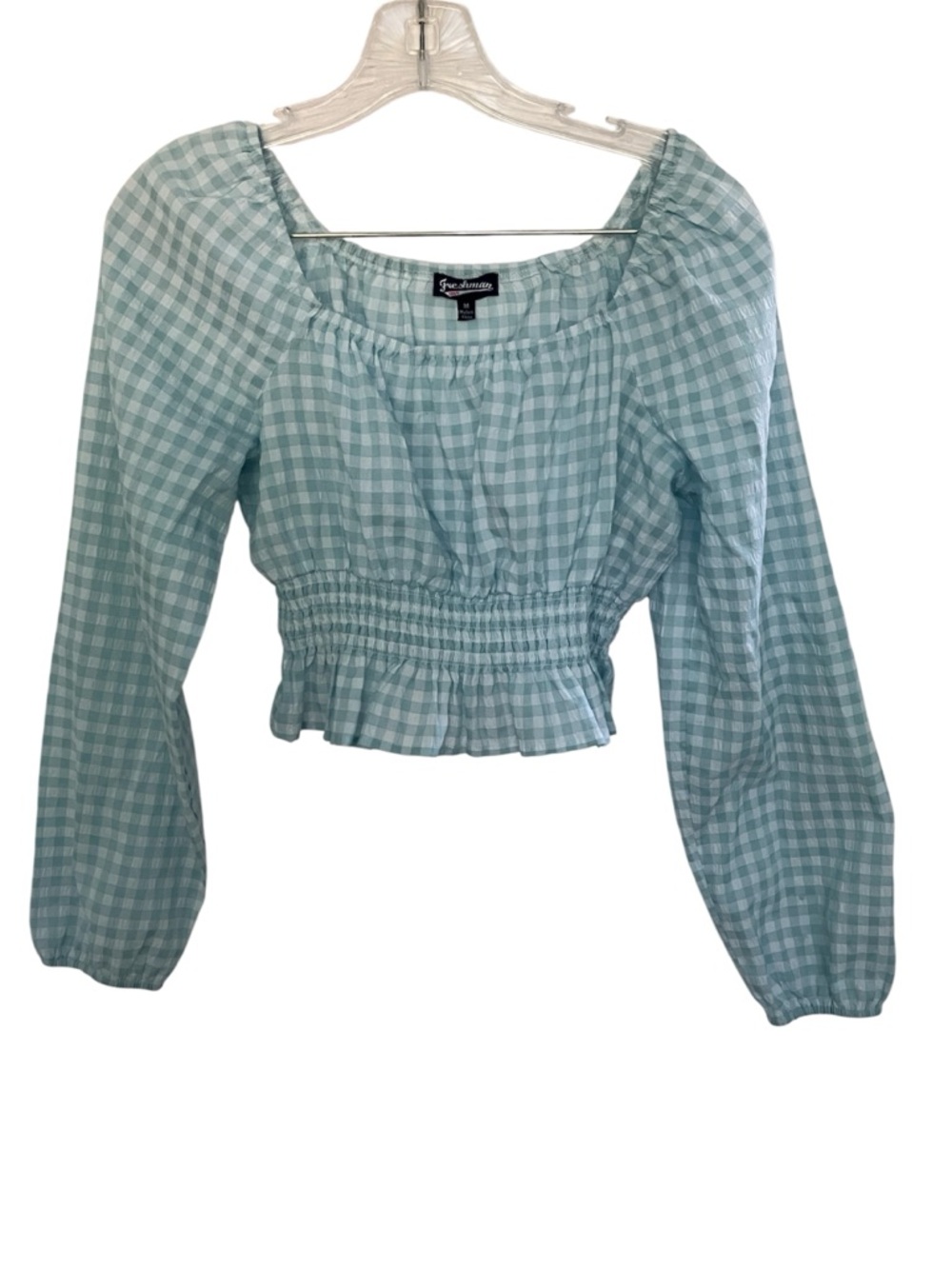 Freshman 1996 Robins egg blue Gingham Smocked Square-Neck Top